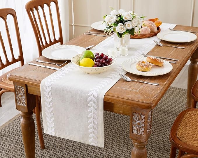 Wracra Embroidered Table Runner Irregular Willow Leaf Table Runners 48 Inches Long for Dresser Home Dining Table Decor,14 x 48 Inch, White