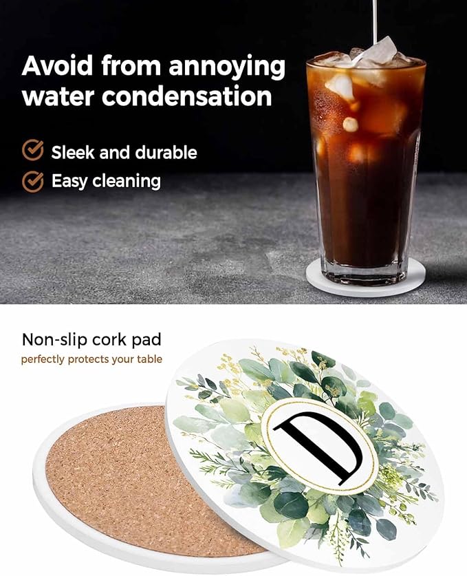 Coasters Set of 4 Letter D Drink Coasters with Holder Absorbent Stone Ceramic Cup Mat Alphabet Green Eucalyptus Leaves Coaster for Drinks Coffee Bar Office Kitchen Cafe Home Decor