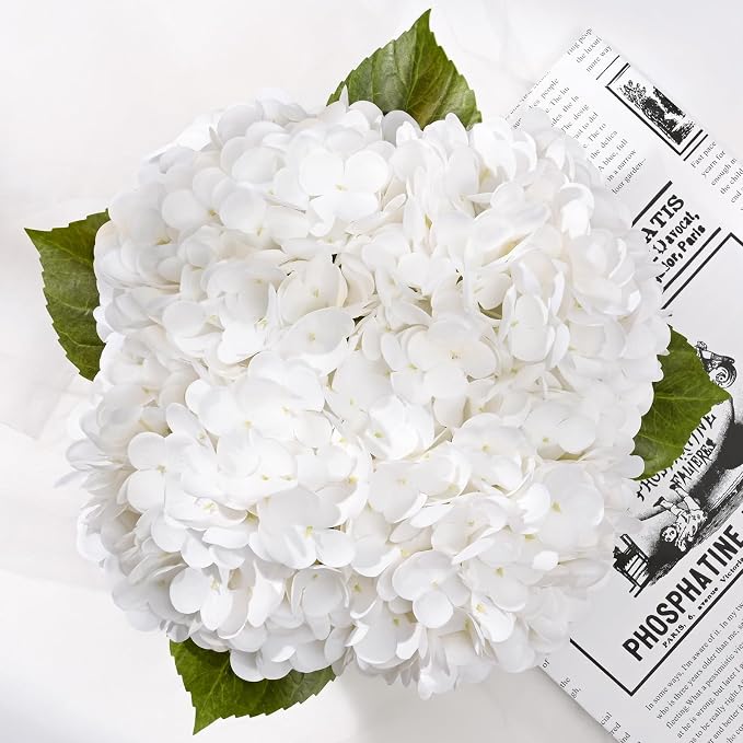 BLEUM CADE Luxury PU Fake Flowers in Vase with Faux Water, White Real Touch Hydrangea Artificial Flowers with Glass Vase for Office Home Dining Room Centerpiece Table Decorations