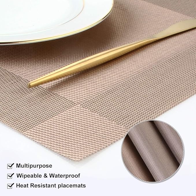 DACHUI Placemats Set of 8, Stylish Woven Place Mats for Dining Table, Washable & Durable PVC Table Mats (Champagne)