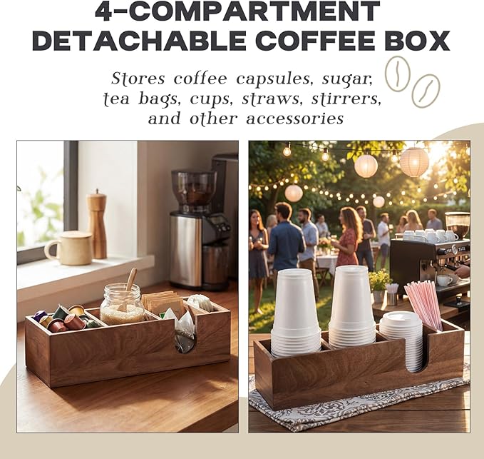 Novabright 4 Compartments Coffee Cup Holder for Countertop Cup Lid and Straw Dispenser Coffee Station Organizer Bar Accessories for Breakroom Restaurant, 15.3 x 4.7 x 4(Wood Color,Acacia Wood)