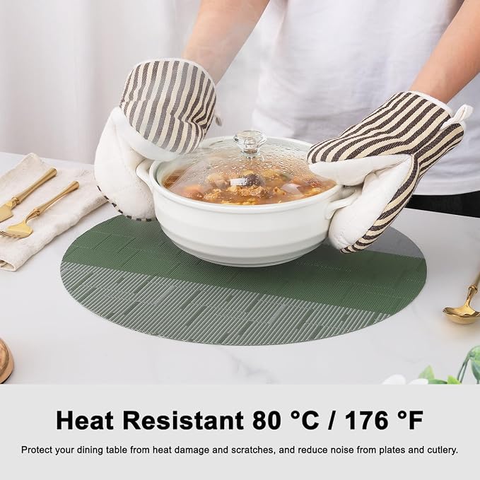 Round Placemats Set of 8, 15 Inch Woven Vinyl Heat Resistant Place Mats, Washable Non Slip PVC Table Mats for Kitchen Dining Party Outdoor Table Decor (Gray Sage Green, 8)