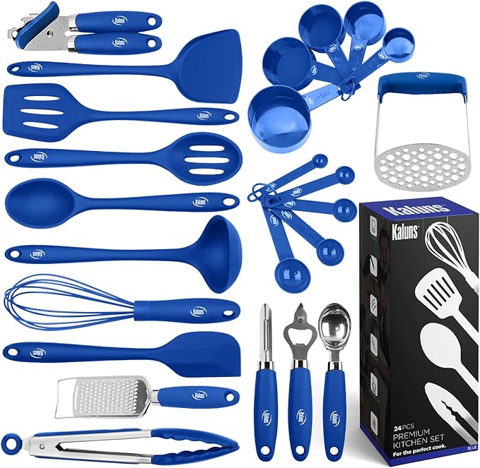 Kaluns Silicone Kitchen Utensils Set 24 Pcs Cooking Utensils Set - Can Opener, Masher, Turner, Spatula 446°F Heat Resistant Non-Stick - Premium Silicone and Stainless Steel Utensil Set