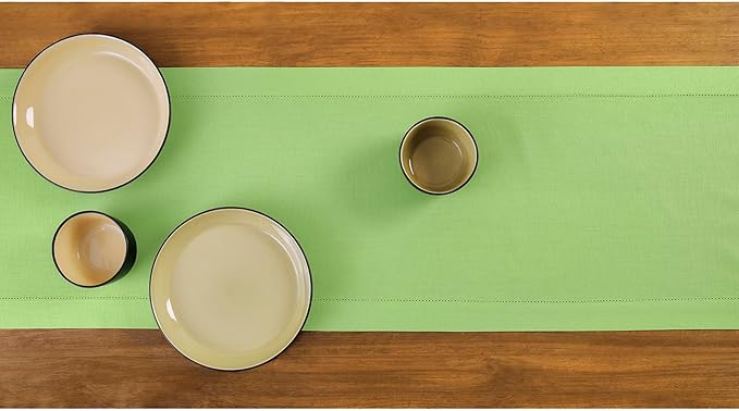 Solino Home Cotton Linen Table Runner 120 Inches Long - Hemstitch Apple Green Dining Table Runner 14 x 120 Inch for Spring, Summer
