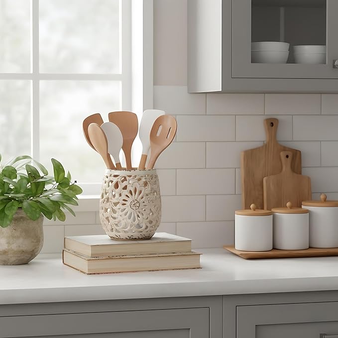 Farmhouse Kitchen Utensil Holder for Kitchen Counter, Ceramic Large Cooking Utensil Crock with Cork Mat, Countertop Cooking Tool Spatula Organizer, Beige Antique Design