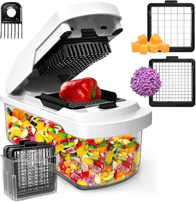 Vegetable Chopper with Container - 15-in-1 Mandoline Slicer, Food Dicer, Onion Cutter & Cheese Grater - Manual Veggie Chopper with Storage, Stainless Steel Blades