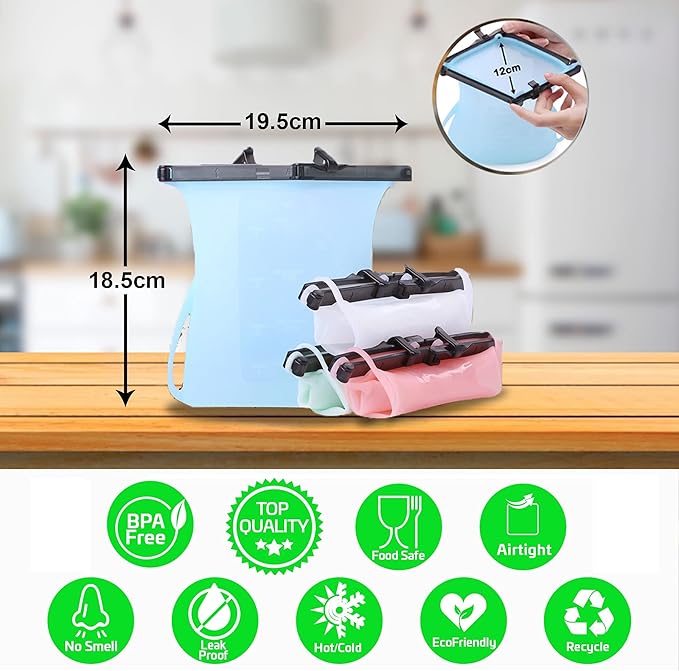 Half Gallon Leakproof Reusable Silicone SnapBags Set Stand-Up Odorless Easy Dry Food Storage Bags (33 Oz Random Color + 68 Oz) Microwavable Freezer and Dishwasher Safe Silicone Food Storage Bags