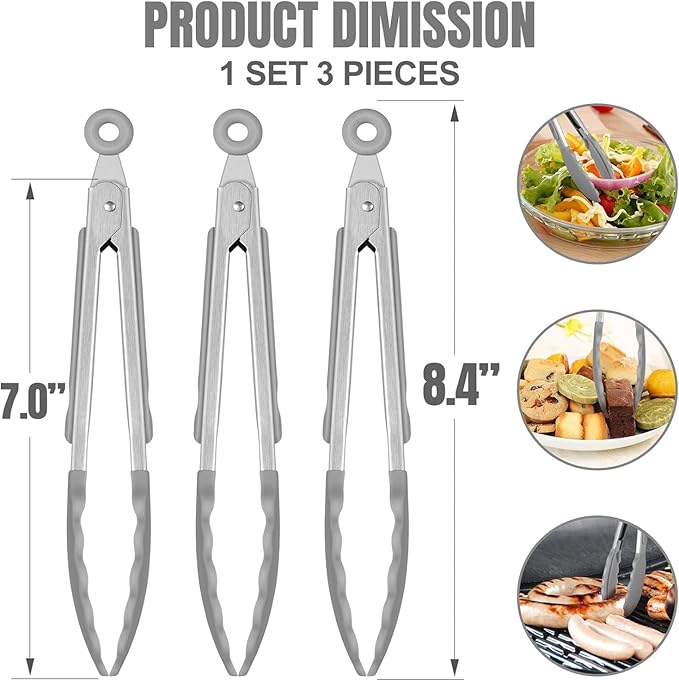 Hotec Mini Silicone Kitchen Tongs for Cooking - 7-Inch Small Serving Tongs with Silicone Tips, Set of 3 (Grey)