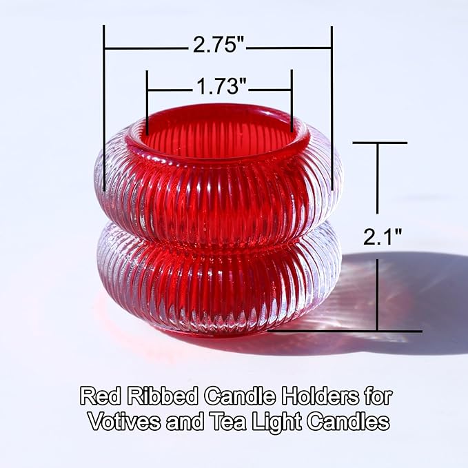 Woho Ribbed Glass Votive Candle Holders Set of 6, Red Tealight Candle Holder for Wedding Table Decor, Vintage Tea Lights Candle Holder for Christmas/Valentines Day Decorations (Red, 2.1" H X 2.75" D)