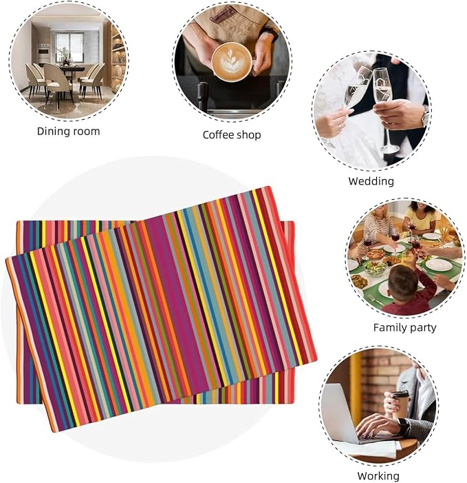 Niviy Bright Colorful Striped Placemats Set of 2, 12x18 Inch Rainbow Colored Geometric Pattern Table Mats for Holiday Party Kitchen Dining Room Decoration