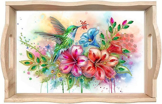 DIY Diamond Serving Tray with Handle Handmade Gem Painting Wooden Rectangular Breakfast Tray for Dinner Plate Coffee Room Living Home Organizer-Hummingbird