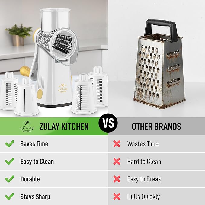 Zulay Kitchen Rotary Cheese Grater 5 Blade Cheese Shredder - Manual Hand Crank Cheese Grater With Reinforced Suction & 5 Interchangeable Drums - Easy to Use, Vegetable Chopper Round Mandoline Slicer