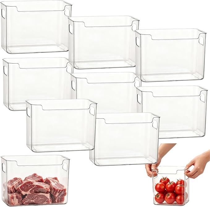 Crystal Clear Freezer Storage Bins, Stackable Freezer Organizer Bins with Handles, Sturdy and Durable, for Fridge, Pantry & Kitchen Cabinets (White,8Pcs-L)