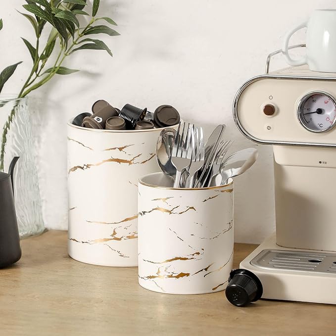 7"+5.3" Marble Utensil Holder, Large Kitchen Utensil Holder Organizer , Golden Marble White Stable Utensil Crock Spatula Holder for Kitchen Counter Countertop Farmhouse Cooking Tools Holder