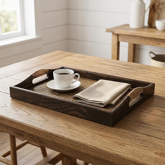 PartyKindom Handmade Wood and Rattan Serving Tray with Elevated Handles, Large Rectangular Decorative Tray for Ottoman, Coffee Table, Spa Salon and Hotel Room