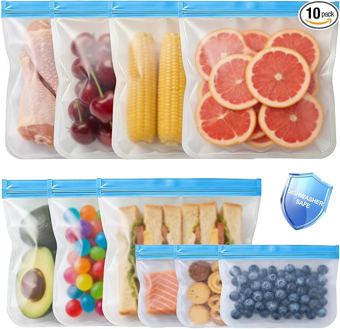 10 Pack Reusable Silicone Food Storage Bags, Reusable Freezer Bags, Leakproof Snack Sandwich Gallon Bags BPA Free Contaizers, Freezer Bag for Meal Prep, Marinate Meat, Salad Fruit, Veggies, Lunch Blue
