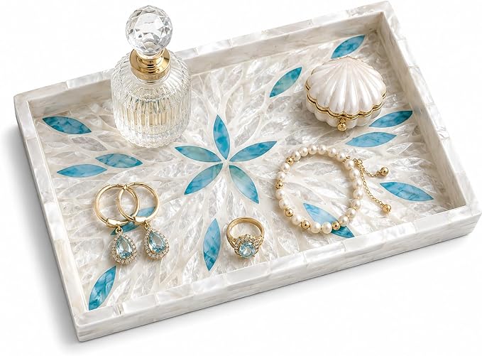 Mother of Pearl Inlay Wooden Tray – Handmade Decorative Rectangle Serving Tray for Coffee Table, Kitchen, Bathroom, Vanity or Living Room Decor, Blue White Leaves