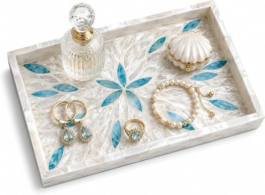 Mother of Pearl Inlay Wooden Tray – Handmade Decorative Rectangle Serving Tray for Coffee Table, Kitchen, Bathroom, Vanity or Living Room Decor, Blue White Leaves