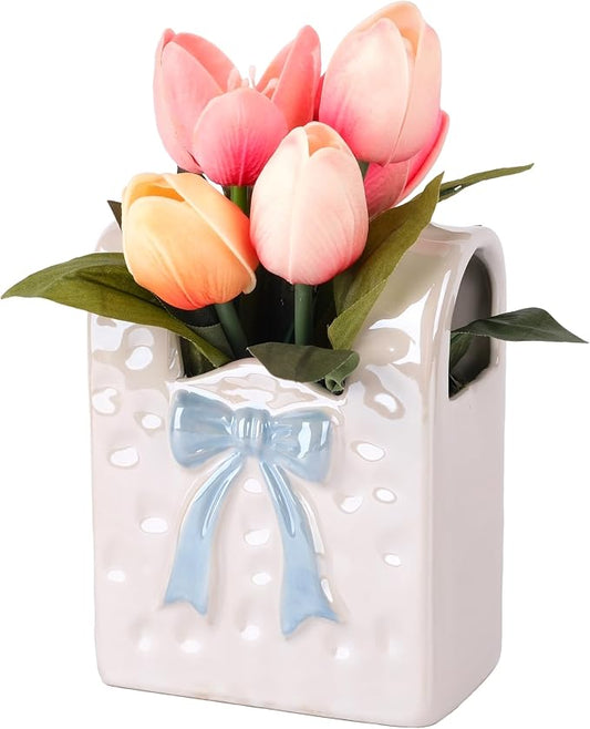 Spring Decor, Artificial Tulips in Ceramic Vase Spring Easter Table Centerpiece for Home Indoor Table Shelf Mantel Living Room Bathroom Bedroom Dining Coffee Bar Kitchen Decoration