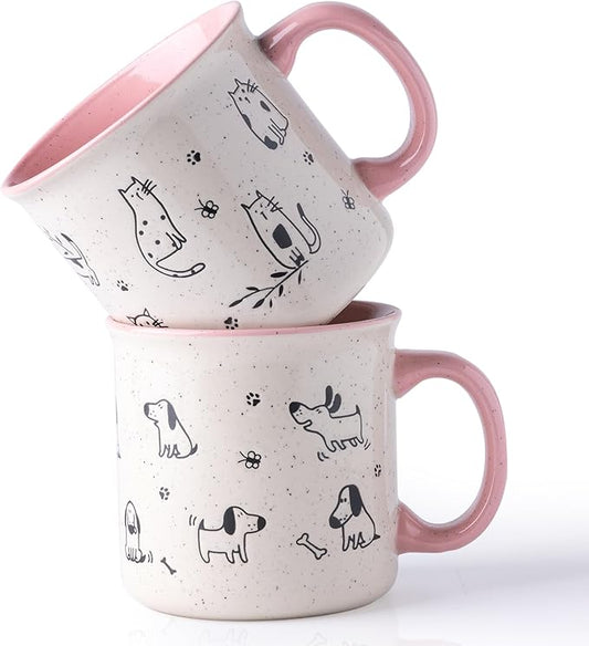 AmorArc 22 OZ Large Ceramic Coffee Mugs Set of 2, Oversized Mugs With Big Handle for Men Women Dad Mom, Big Mug With Textured Dogs Cats Patterns for Office & Home -Microwave Safe, 2 Pcs-Pink
