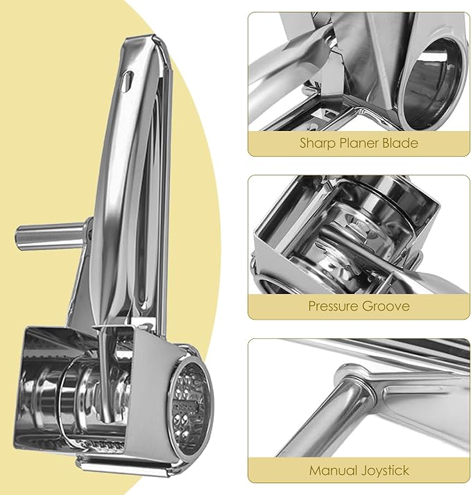 Stainless Steel Rotary Cheese Grater, Manual Hand Crank Shredder Slicer with 4 Drums, Handheld Kitchen Tool for Hard Cheese, Chocolate, Nuts