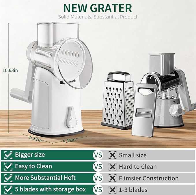 The CoveCarol rotary cheese grater comes with 5 blades and 3 tools: a round mandolin slicer and a food shredder. Suitable for fruits, vegetables, nuts, etc., it includes a blade storage box. (White)