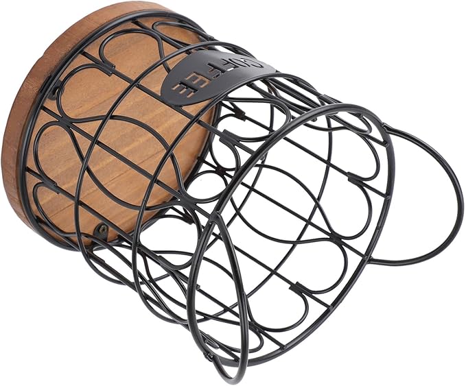 Large Capacity Modern Coffee Basket Coffee Pod Basket Decorative Round Wire Coffee Capsule Holder with Wooden Base for Cafe Kitchen Countertop (Black)