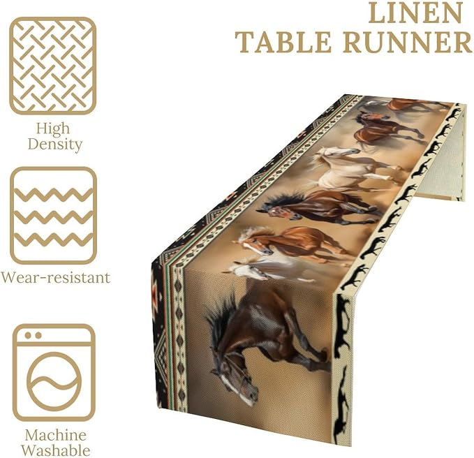 Horse Table Runner, Vintage Western Desert Aztec Abstract Geometric Navajo Wild Horse Running Table Decor Table Top Dining Kitchen Wedding Party 13x70 in