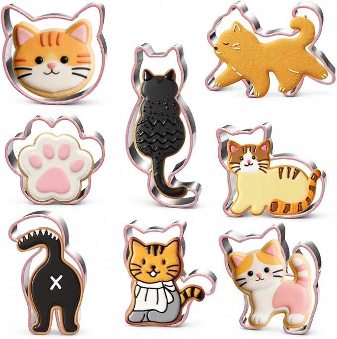 LUBTOSMN 8 Piece Cat Cookie Cutters Set, Silicone Rim Baking Set | Dishwasher-safe stainless steel cutters for cookies, fondant, sandwiches, cat parties and home baking treats.