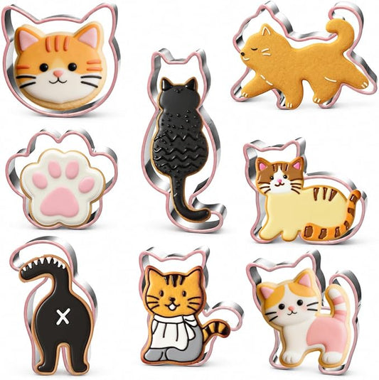 LUBTOSMN 8 Piece Cat Cookie Cutters Set, Silicone Rim Baking Set | Dishwasher-safe stainless steel cutters for cookies, fondant, sandwiches, cat parties and home baking treats.