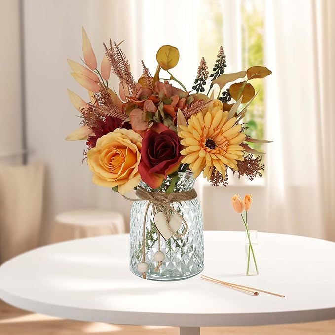 Leftover Fake Fall Flowers in Vase - Fall Floral Arrangement, Table Decor & Centerpieces for Kitchen & Coffee Table