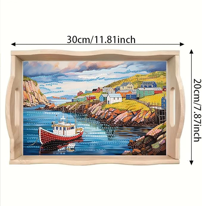BAYUNOE DIY Diamond Serving Tray Rectangular Breakfast Tray with Handle Handmade Diamond Art Painting Wooden Tray Spring Creative Dinner Plate Coffee Room Living Home Organizer-Seaside Village