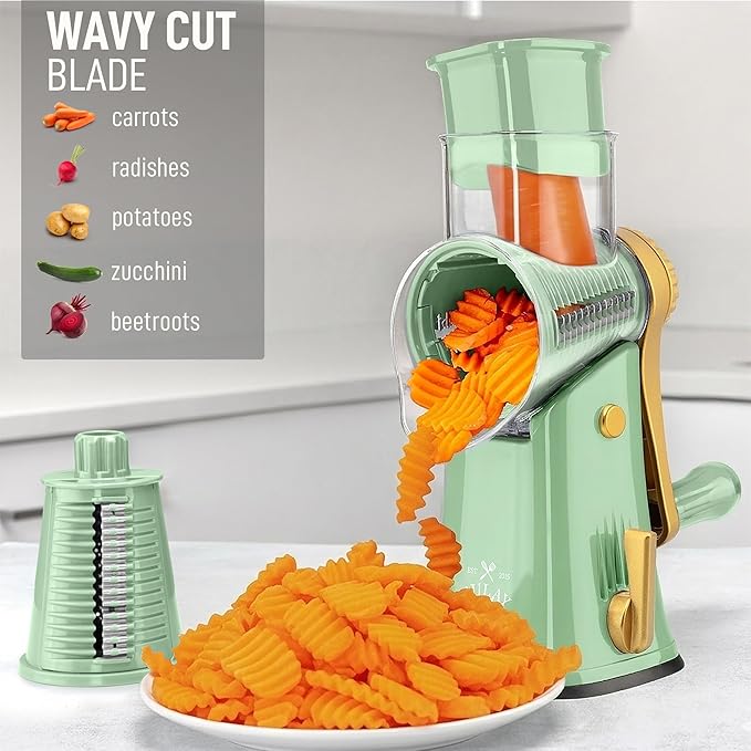 Zulay Kitchen Rotary Cheese Grater 5 Blade Cheese Shredder - Manual Hand Crank Cheese Grater With Reinforced Suction & 5 Interchangeable Drums - Easy to Use, Vegetable Chopper Round Mandoline Slicer