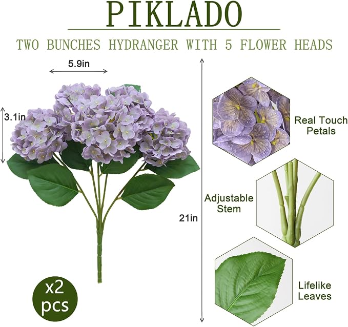 2 Bunch 21in Real Touch Hydrangea Artificial Flowers with 10pcs Flower Head 20pcs Leaves Faux Hydrangea Flowers for Home Office Decor Wedding Party Arrangements (Purple, 2 Bunch)