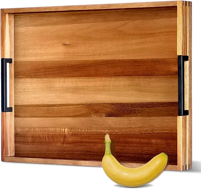 22" x 15.75" Acacia Wood Serving Tray with Metal Handles, Extra Large Wooden Rectangular Ottoman Tray for Living Room, Ottoman Coffee Table, Coffee Station