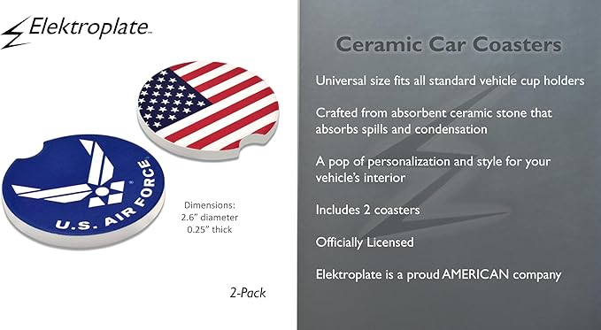 Elektroplate Officially Licensed United States Air Force & USA Flag Automotive Ceramic Coasters (2.6") | Universal Fit for All Cars, Trucks, SUVs & More | Absorbent Non-Slip Durable | Set of 2