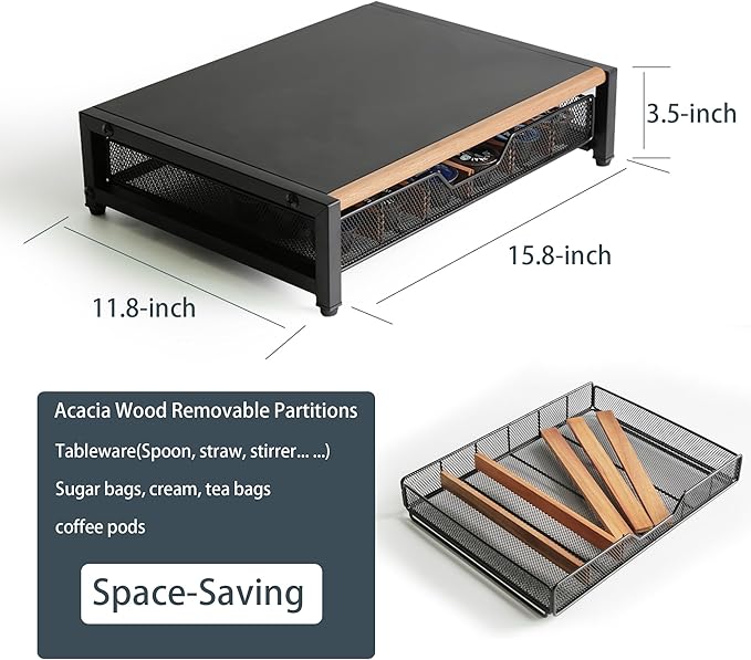 WILDMOS Coffee Pod Drawer,Coffee Station Organizer for Coffee Pod Storage,Movable Solid Wood Partition Board, Counter Coffee Bar Accessories for Nespresso Pods,Cream, Spoon, Sugar（Black)
