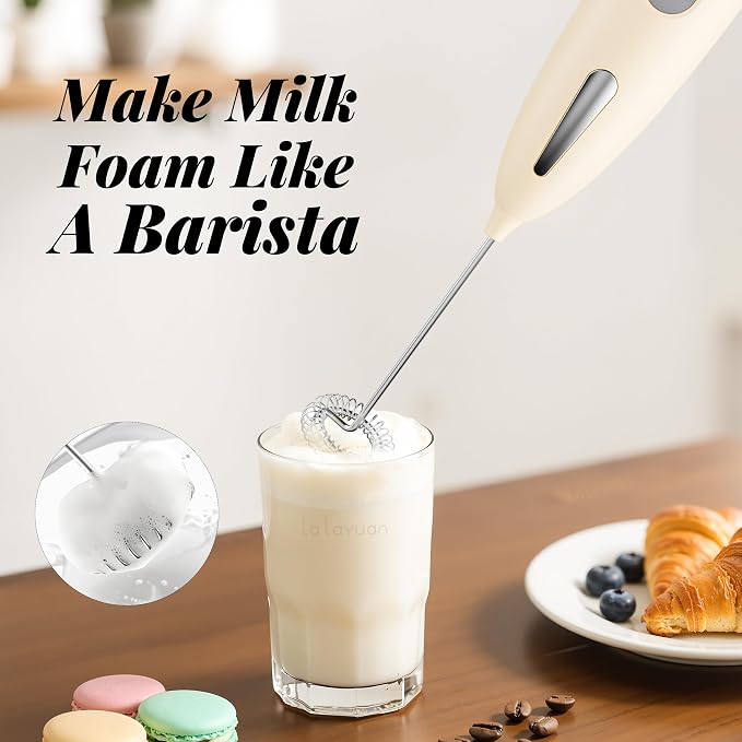 Electric Milk Frother, Three speed adjustment, USB Rechargeable Cordless Hand Blender with Sticky Stand Included, 304 stainless steel Egg Beater, Mixed Drinks, Coffee Stirrers (Beige)