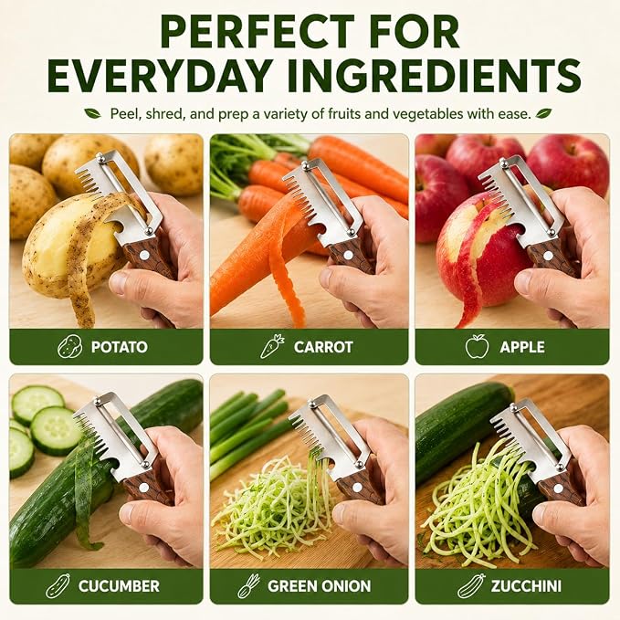 2Pack 3-in-1 Vegetable Peeler with Faux Wood Handle, Stainless Steel Julienne Peeler & Scallion Shredder with Built-In Bottle Opener, Kitchen Peeler for Potato, Carrot, Cucumber, Apple & Fruits