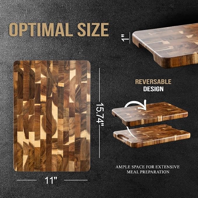 James.F Wood Cutting Board for Kitchen with Side Handles,End Grain Cutting Boards, Acacia Wooden Butcher Block, Large Chopping Board for Meat Bread Cheese(15.74"x11"x1")
