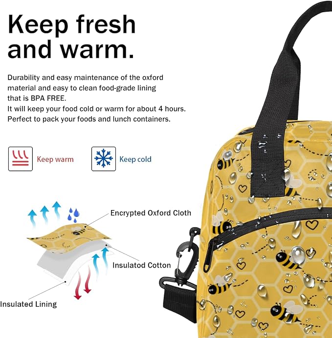 Honeycomb Bees Insulated Lunch Bag for Women Men Reusable Lunch Box Cooler Bag Large Leakproof Lunch Tote with Adjustable Shoulder Strap for Adult Work Picnic Camping Beach Office