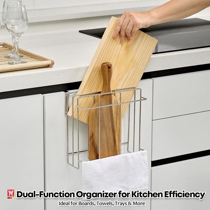 WAGENSTEIGER Stainless Steel Under/Over Cabinet Cutting Board and Kitchen Towel Rack – Space-Saving Rack for Countertop and Cabinet Door Storage, Chopping Board Holder (10.24 x 9.84 x 5.12 in)