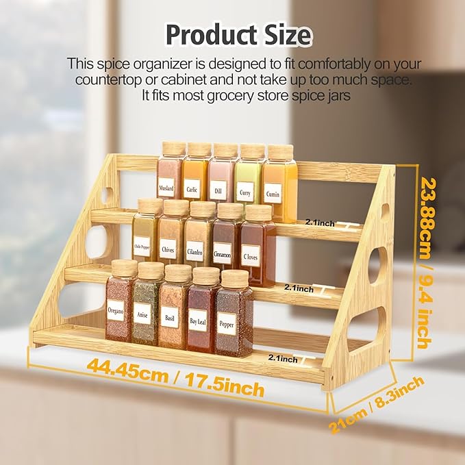 Spice Rack - Tiered Spice Rack Organization for Cabinet - 3 Tier Bamboo Display Spice Shelf for Countertop