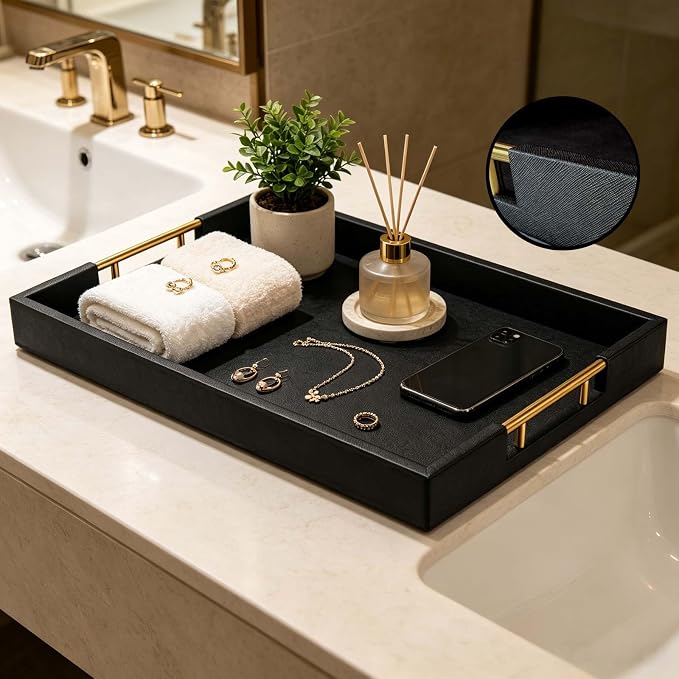16×20 Inches Black Faux Leather Coffee Serving Tray Decorative Ottoman Trays with Gold Metal Handles Decor for Living Room Rectangle Large Bed Breakfast Organizer for All Occasions Multipurpose Using