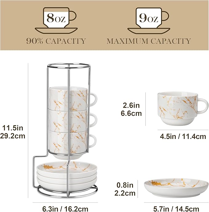 MALACASA 8 OZ Porcelain Espresso Cups with Saucers and Metal Stand Set of 4, Stackable Cappuccino Cups, Marble White Expresso Shots Cup Set for Coffee Drinks, Latte, Tea
