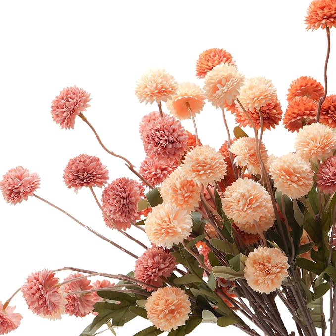 trytuny Fake Fall Flowers for Vase, Faux Silk Kiku Mums, Artificial Pom pom Floral Bouquets Indoor Centerpiece Office Coffee Table Boho Home Decorations (9, Mixed Orange)