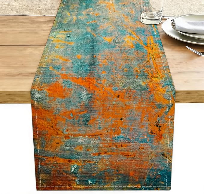 Modern Abstract Teal Yellow Colorful Table Runner Summer Runners for Tables Rustic Spring Fall Decorations for Living Room Kitchen Home Party Indoor Outdoor Table Decor 13 x 72 Inches