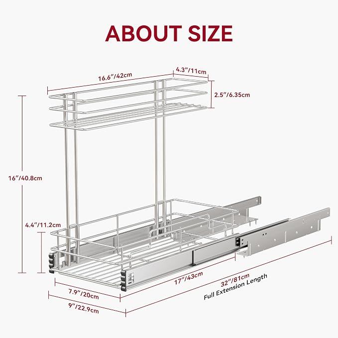 Under Sink Organizer 9" W X17 D, Pull Out Cabinet Organizer 2 Tier, Under Sink Slide Out Chrome Plated, Under Kitchen Bathroom Sink Organizer, Pantry Cabinet Closet Organization Rack, 2 Pack