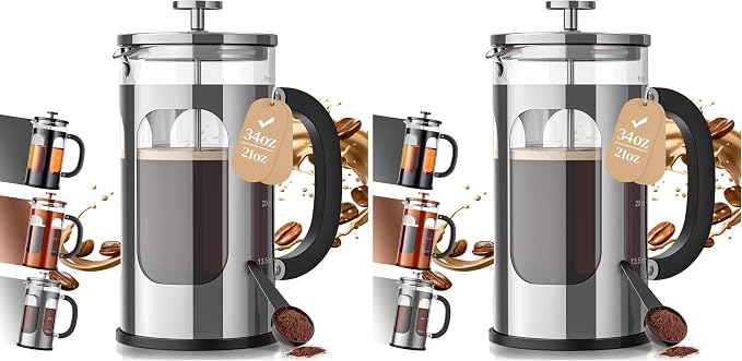 Veken French Press Coffee Maker,No Plastic Touching Cafe,34oz 1L Cafetera,Heat Resistant Thickened Borosilicate Glass Stainless Steel Brewer,Pot for Kitchen,Travel,Camping,Tea,Gifts,Silver (Pack of 2)