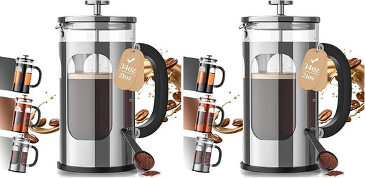 Veken French Press Coffee Maker,No Plastic Touching Cafe,34oz 1L Cafetera,Heat Resistant Thickened Borosilicate Glass Stainless Steel Brewer,Pot for Kitchen,Travel,Camping,Tea,Gifts,Silver (Pack of 2)